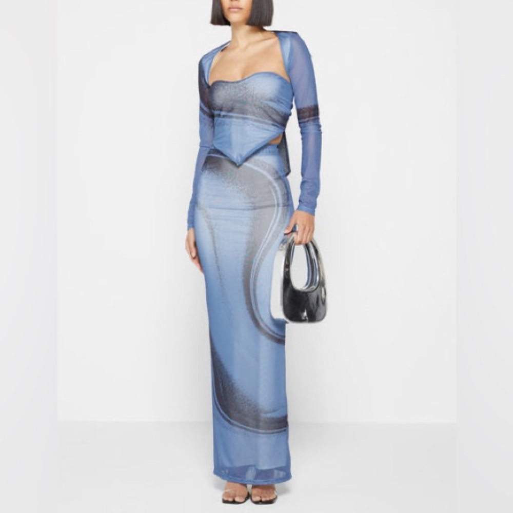 Maniere De Voir Blue and Black Mesh Corset Maxi Skirt Set